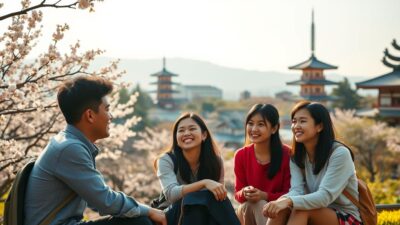 Beasiswa: A Shining Opportunity in the Land of the Rising Sun A serene, sunlit campus nestled amidst cherry blossoms, with towering pagodas in the distance. In the foreground, a group of international students sit together, engaged in animated discussion, their faces aglow with the prospect of educational excellence and cultural immersion. Soft, diffused lighting highlights the diversity of their backgrounds, united by the shared dream of a Japanese scholarship. The scene exudes a sense of hope, opportunity, and the promise of a transformative academic experience, set against the backdrop of Japan's timeless elegance.