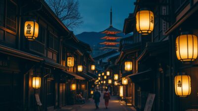 Gion in the evening, traditional Japanese lanterns casting a warm glow over the historic streets. Wooden machiya houses line the narrow lanes, their facades adorned with intricate carvings and paper screens. Geisha in elegant kimono glide through the dimly lit alleyways, their footsteps barely audible. The air is filled with the scent of incense and the gentle sound of shamisen music drifting from the teahouses. In the distance, the silhouette of Kiyomizudera temple stands tall, its pagoda roofs silhouetted against the night sky. A serene and timeless atmosphere envelops the ancient Kyoto district, inviting visitors to immerse themselves in the traditions of old Japan.