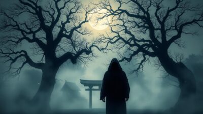 Prompt An eerie, atmospheric scene depicting the mystical elements of Japanese culture. In the foreground, a lone figure shrouded in a traditional kimono stands before an ancient shrine, their face obscured in shadow. Surrounding them, a dense fog swirls, casting an otherworldly glow. In the middle ground, the silhouettes of towering, gnarled trees loom, their branches reaching towards the sky like skeletal fingers. In the distance, a full moon bathes the landscape in a pale, ethereal light, hinting at the supernatural forces that permeate this sacred space. The overall mood is one of mystery, spirituality, and a deep connection to the natural world.