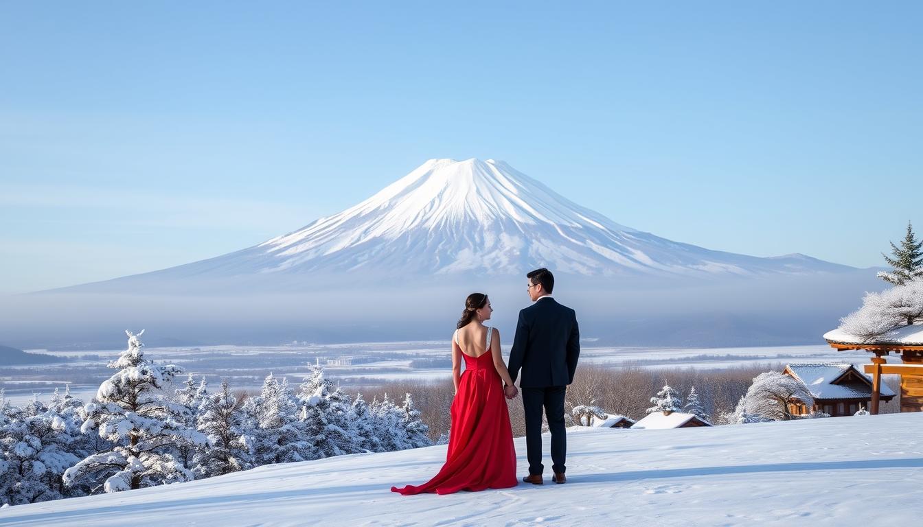 prewed di gunung fuji dengan latar salju